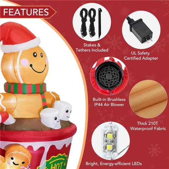 6 FT Christmas Inflatables Decoration Gingerbread Man in Hot Cocoa Mug Scene - Picture 5 of 6